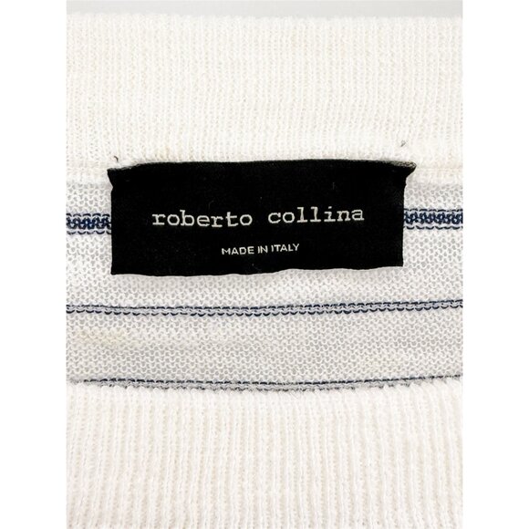 ROBERTO COLLINA WHITE/BLUE STRIPE SWEATER LINEN COTTON POLY BLEND S - Picture 6 of 10